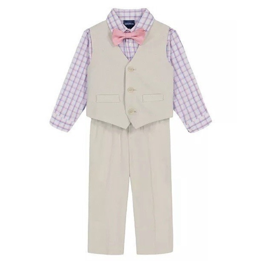 Nautica Boys Kids 4 Piece Linen Look Vest With Bow Tie Set Beige Khaki Pink Sz 4